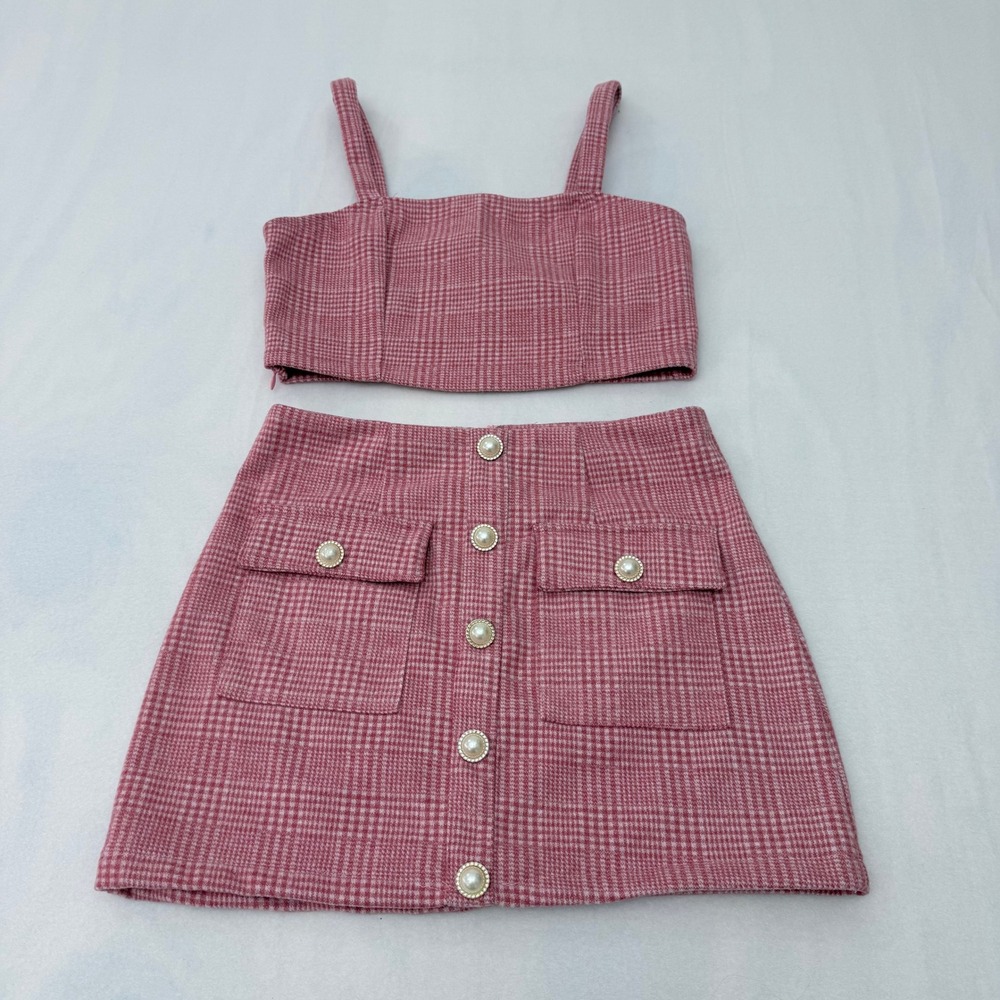 Shein Pink Plaid Two Piece Set Crop Top and Pearl Button Mini Skirt Womens M 6